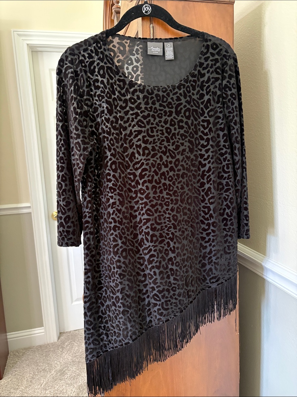 Chico’s Travelers Black Burnout Animal Print Fringe Asymmetrical Hem Tunic Top